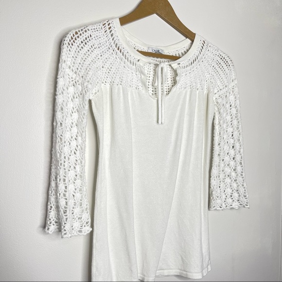 Cache Solid White Crochet Knit Tie Neck 3/4 Bell Sleeve Top Size Small - Picture 2 of 7